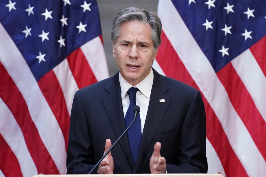 U.S. Secretary of State Antony Blinken speaks after viewing the "Burma's Path To Genocide" exhibit at the United States Holocaust Memorial Museum in Washington, D.C., on March 21, 2022.